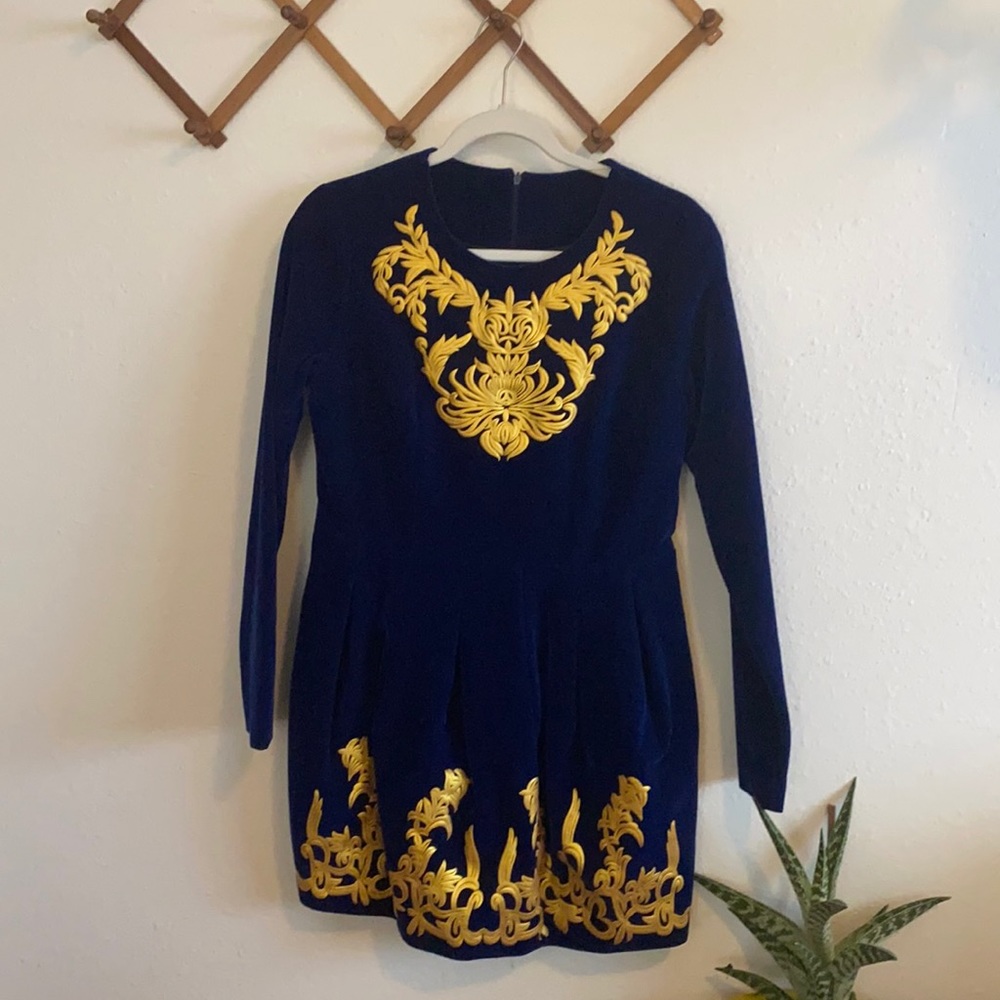 Royal blue and gold long sleeve knee length dress